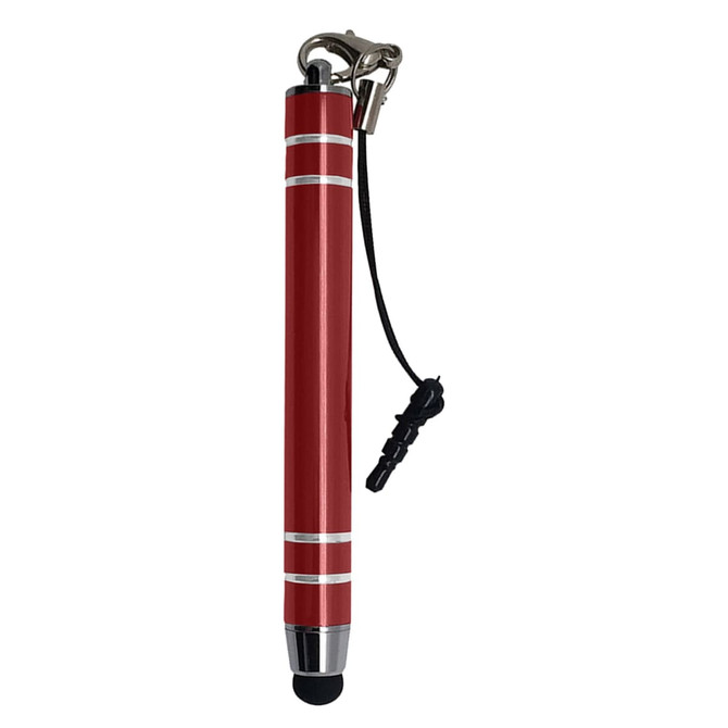 A red metal stylus pen with silver accents and a black tip, featuring a lanyard attachment.