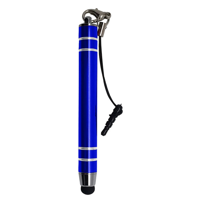 A metal stylus pen in blue with silver accents and a black stylus tip, featuring a lanyard attachment.