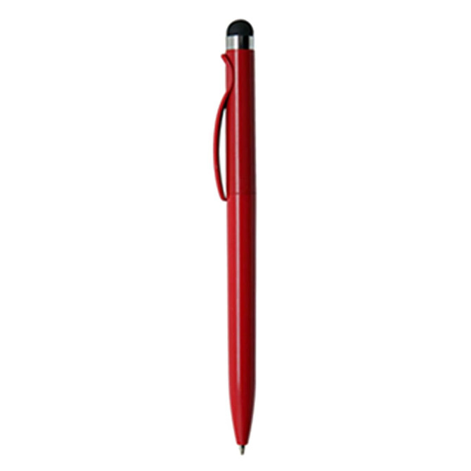A red stylus pen with a sleek design and a black tip. It features a clip and a logo on the barrel.