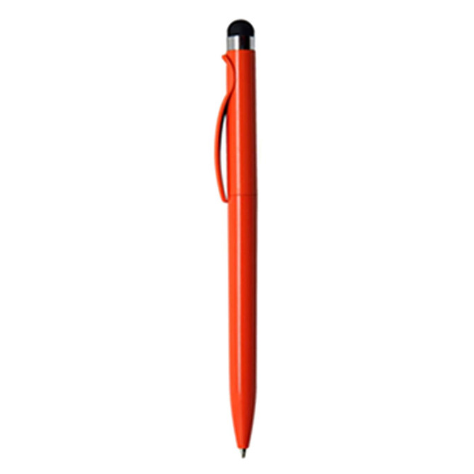 A stylus pen in bright orange with a black tip and a clip. It features a logo on the body.