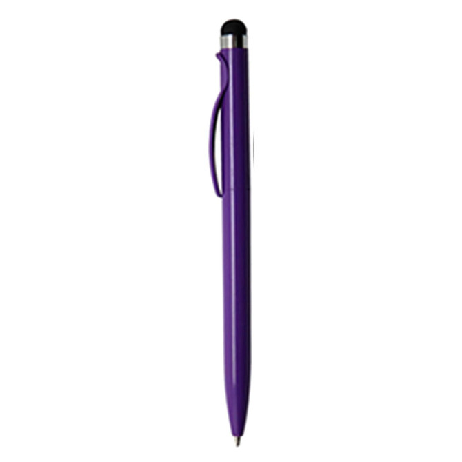A purple stylus pen with a black rubber tip and a silver clip, featuring a logo.