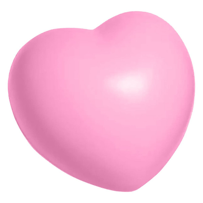 A pink heart-shaped stress toy with a smooth surface, designed for squeezing and relieving stress.