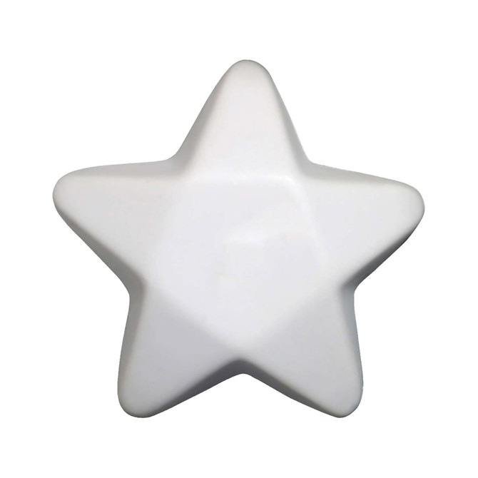 A white star-shaped stress reliever with a smooth surface and rounded edges. Features a simple design.