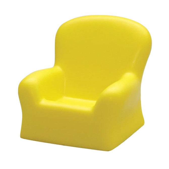 A miniature yellow chair made of soft material, designed as a stress-relief toy. It has a simple, rounded shape.