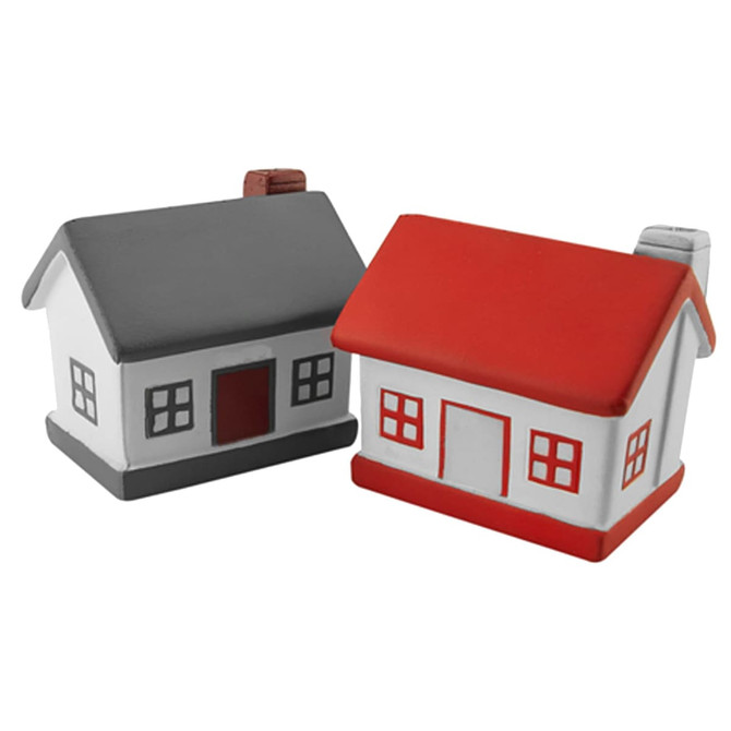 Two stress-shaped houses in red and grey, featuring windows and chimneys, with a simple design and branding.