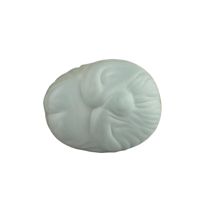 A light blue stress relief shape resembling a brain, featuring a smooth, textured surface. It has a logo on one side.