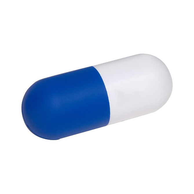 A blue and white capsule-shaped stress relief product with a smooth surface and rounded ends, featuring a logo.