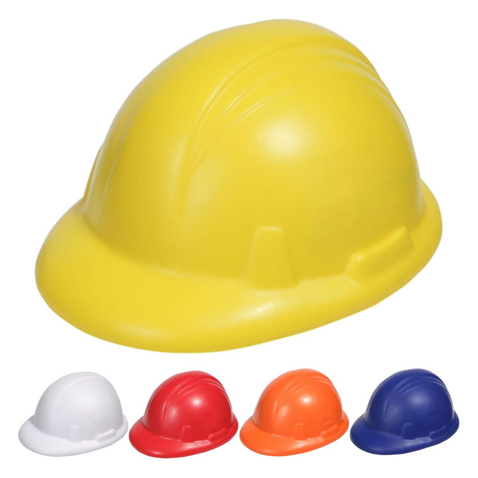 A yellow stress hard hat with red, blue, white, and orange variants shown below. The product has a logo.