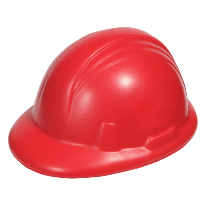 A red stress ball in the shape of a hard hat, featuring a smooth, rounded design and a logo.