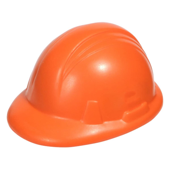 An orange stress hard hat with a smooth surface and simple detailing. It features a branding logo.