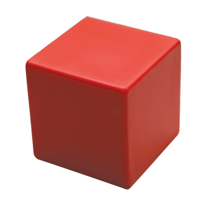 A red stress cube with a smooth surface, designed for stress relief. It has a logo on one side.