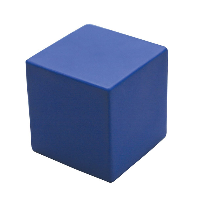 A blue stress cube with a smooth exterior, designed as a fun stress relief product.