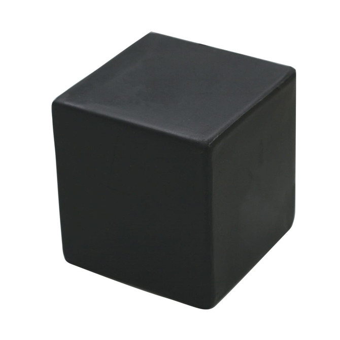 A black stress cube with a smooth, soft texture and rounded edges. It features a logo on one side.