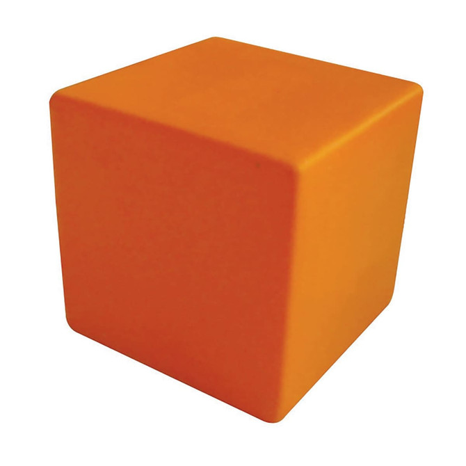 An orange stress cube with a smooth surface and a square shape, featuring a simple design and no visible branding.