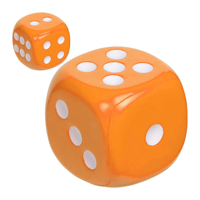 An orange large dice and a smaller orange dice, both with white dots, are featured in the image.