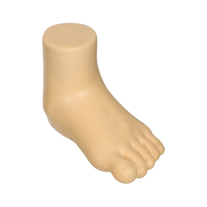 A beige stress toy shaped like a foot, featuring a flat base and detailed toes. It has a simple design and no branding.