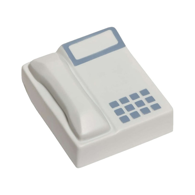 A white stress telephone with a blue keypad and a smooth surface. Features a simplistic design and a logo on it.