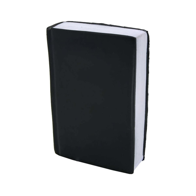 A black stress toy shaped like a book, featuring a textured cover and white pages. It has a logo on the side.