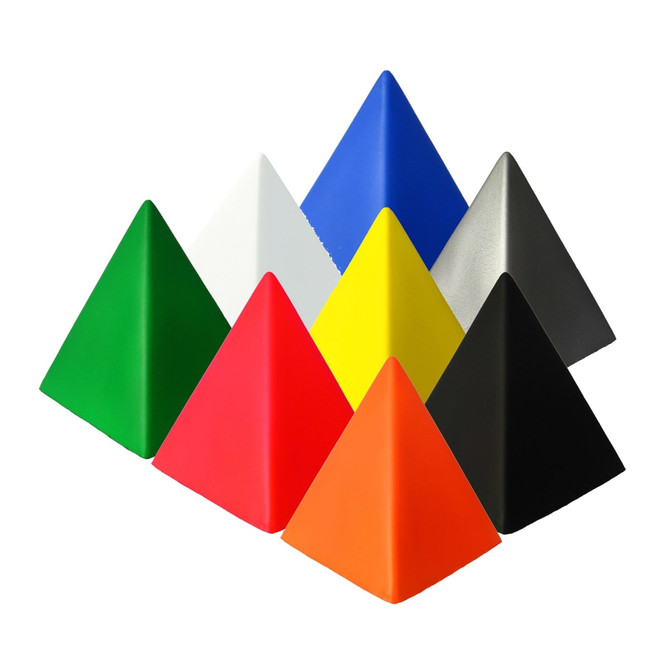 A set of stress pyramids in green, red, orange, yellow, blue, white, black, and silver. They feature a logo.