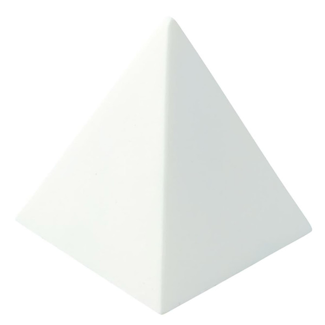 A white stress pyramid with a smooth finish. The product has a simple design and features a logo.