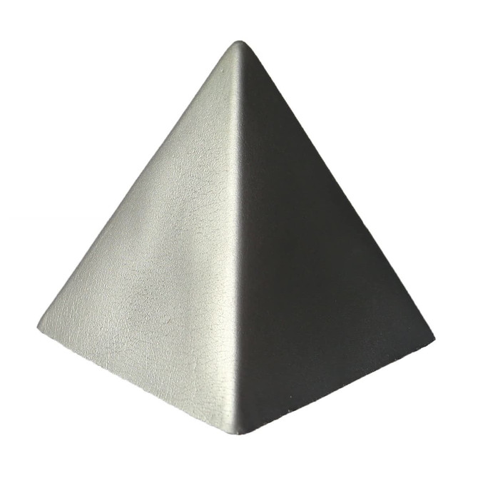 A stress pyramid in a metallic grey finish with a smooth surface, offering a fun shape for stress relief.