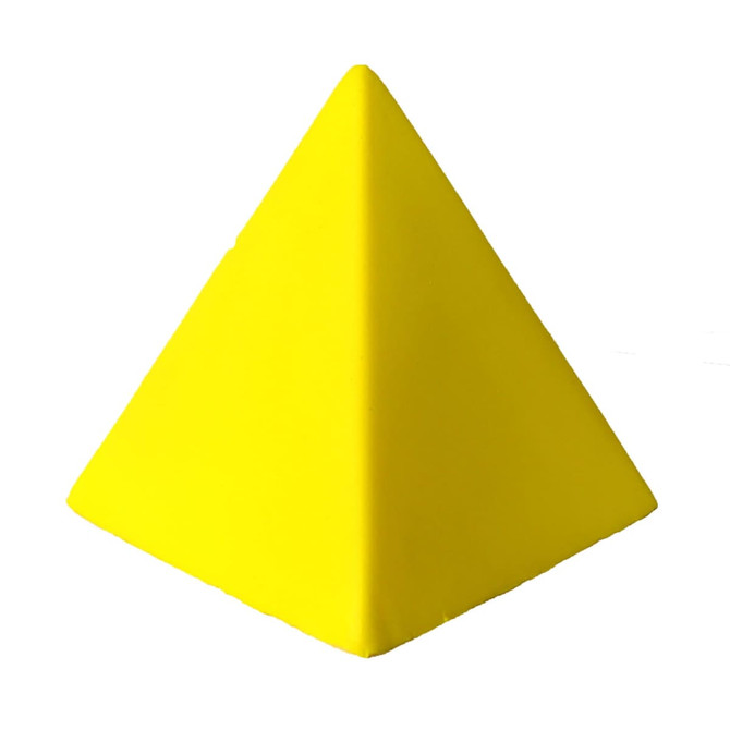 A yellow stress pyramid with a smooth surface, designed for stress relief. It features a simple, clean design.