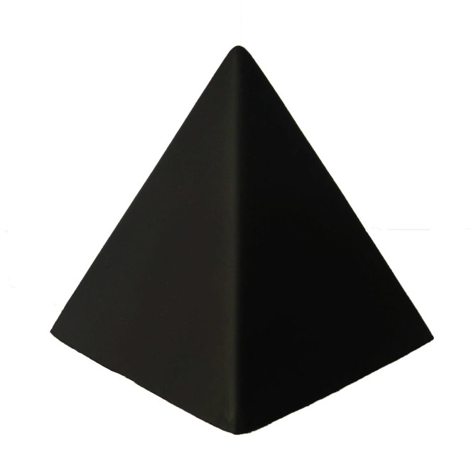 A black stress pyramid with a sleek, smooth surface and a pointed top, featuring a logo on one side.