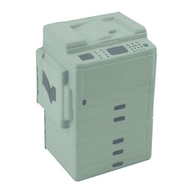 A light grey stress photocopier toy featuring realistic details, buttons, and multiple stacked drawers.