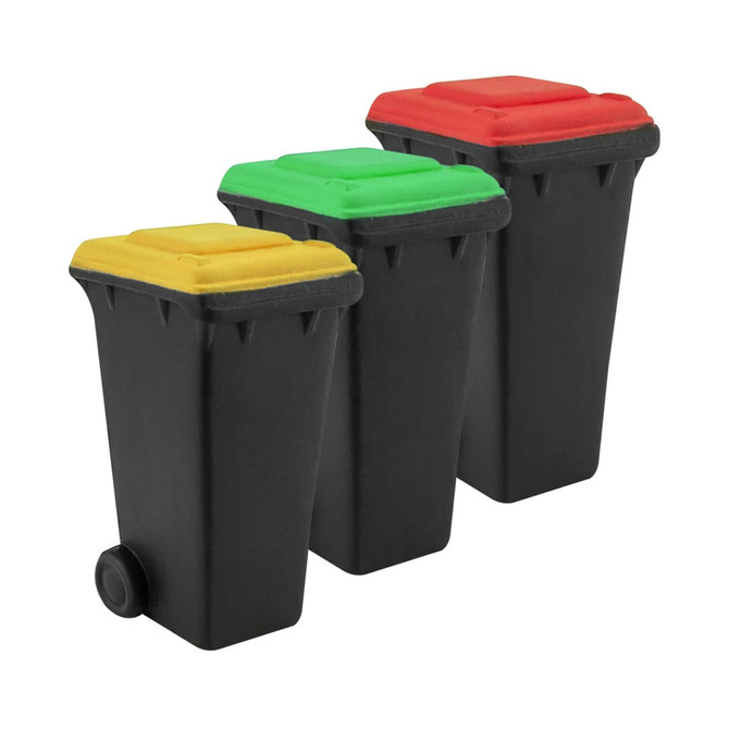 A set of three small rubbish bins in black with yellow, green, and red lids, each featuring a wheel for mobility.