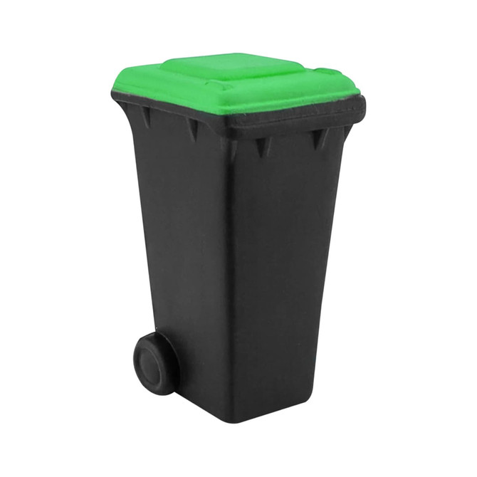 A black stress rubbish bin with a green lid and a small wheel, featuring a simple design.