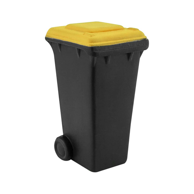 A black stress rubbish bin with a yellow lid and a wheel, designed as a stress-relief toy.