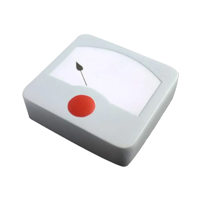 A grey stress relief toy shaped like a gauge, featuring a red button and a needle indicator. The design is simple and playful.