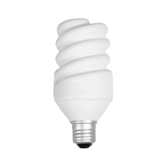 A white, spiral-shaped energy-saving light bulb with a silver base. It features a logo.
