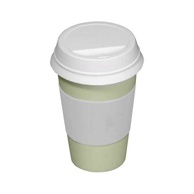 A green and white coffee cup with a white lid and sleeve, featuring a logo.