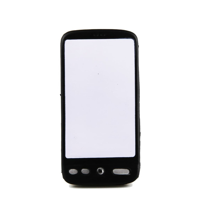 A black stress mobile phone with a blank screen and three buttons at the bottom, featuring a logo on the back.