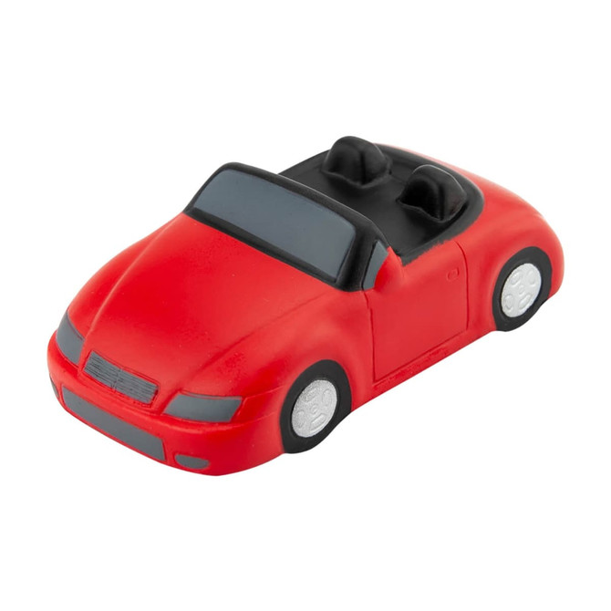 A red stress toy in the shape of a sports car, featuring black seats and white wheels.
