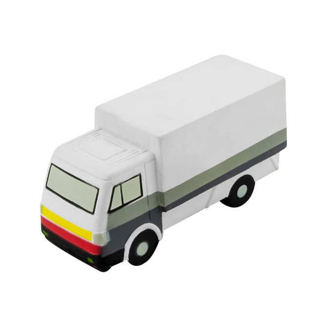 A stress toy shaped like a white delivery truck with grey and black detailing. The truck has a simple design.