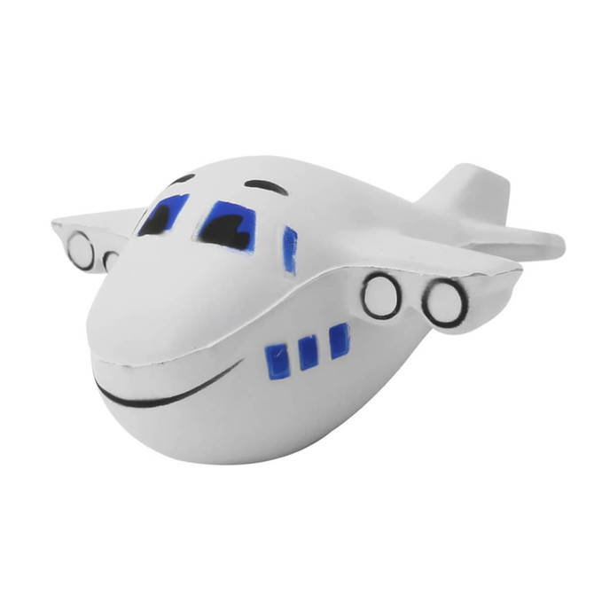 A white stress toy shaped like an aeroplane with blue and black features, including a smiling face and wing details.