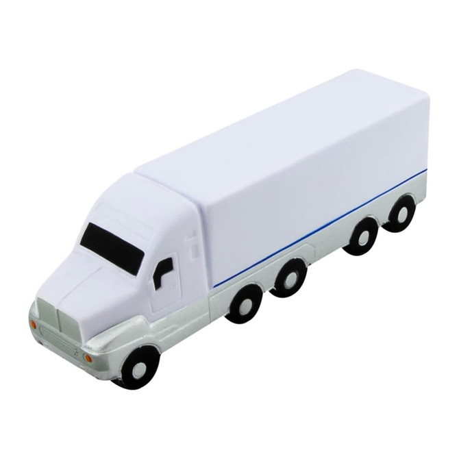 A large white stress truck toy with black wheels and a blue stripe, featuring a simple design and an unspecified logo.