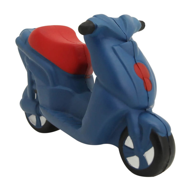 A blue stress scooter with a red seat and black handlebars, designed for stress relief and fun.