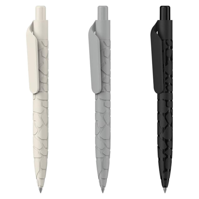 Three Marko Stone Pens in cream, grey, and black, featuring a textured design and a clip on the side. Each pen has a logo.