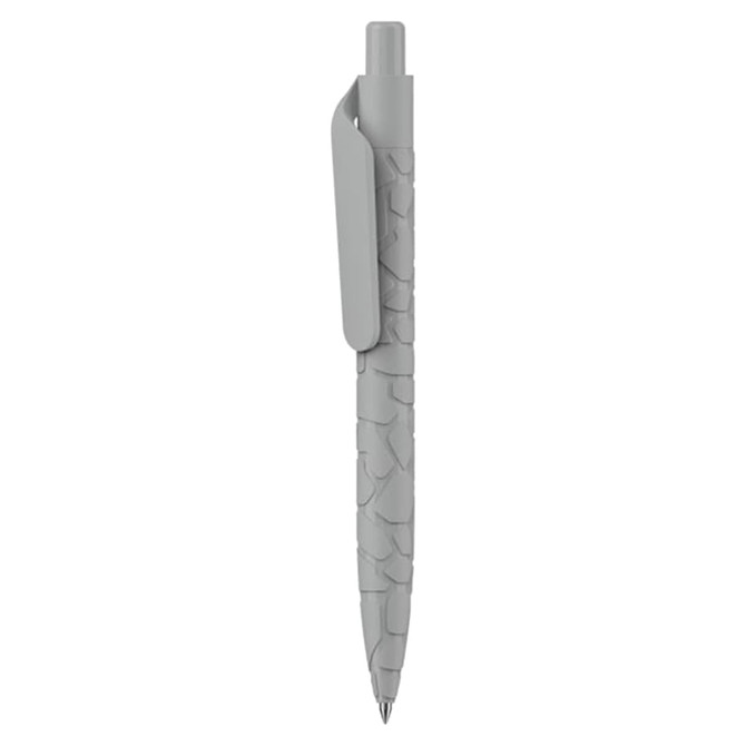 A plastic pen with a textured grey body and a clip. It features a logo on the side.