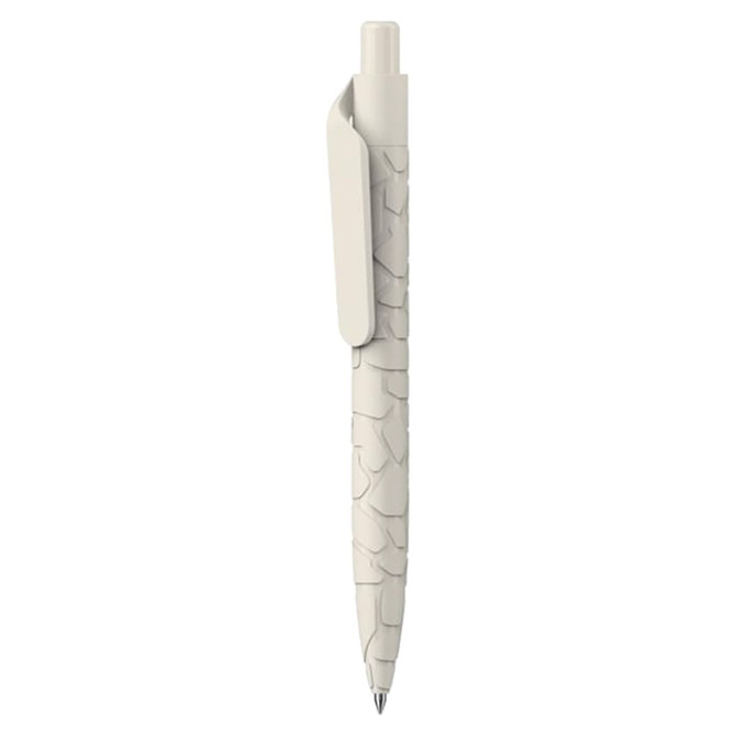A white pen with a textured surface and a clip, featuring branding.