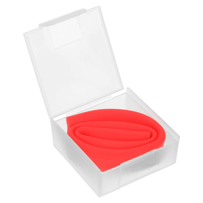 A red silicone straw neatly stored in a transparent case. The straw is coiled inside the container.
