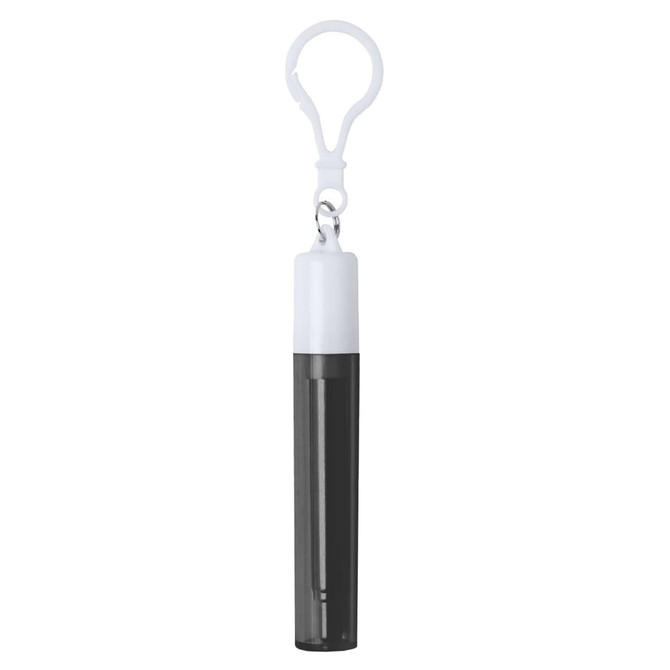 A retractable metal straw in a sleek black colour, housed in a white carrying case with a clip.