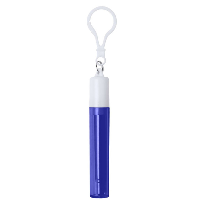 A retractable metal straw in a purple casing with a white top, featuring a clip for attachment.