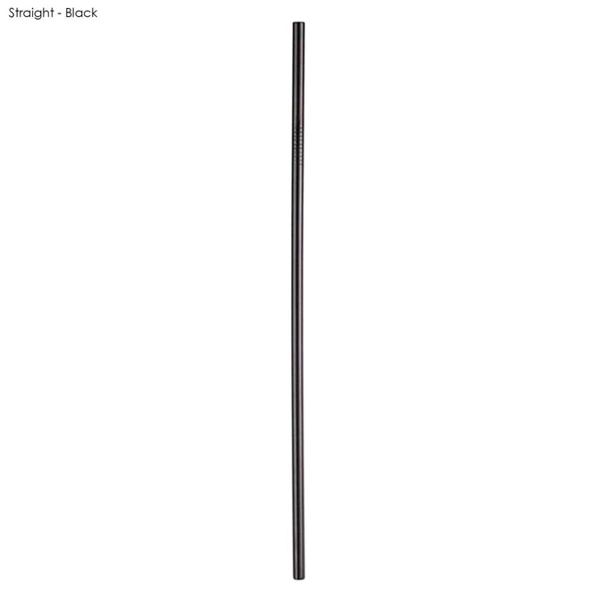A stainless steel straw in black, measuring 6mm x 215mm, with a logo visible on the product.