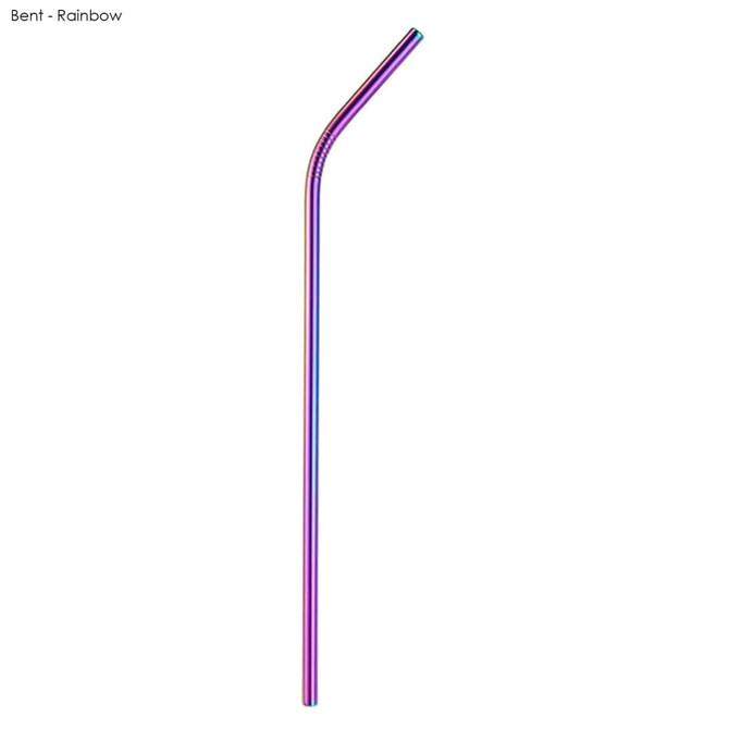 A rainbow stainless steel drinking straw with a bent design, suitable for various beverages.