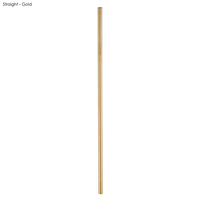 A gold stainless steel straw, 6mm x 215mm, featuring a straight design and a branding logo.