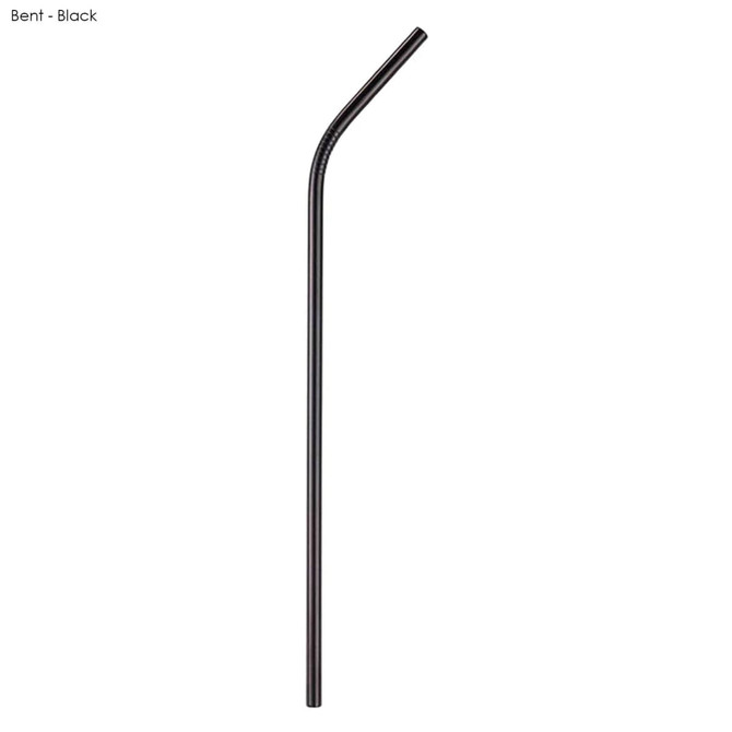 A black stainless steel straw, bent, measuring 6mm x 215mm. The straw features a logo.